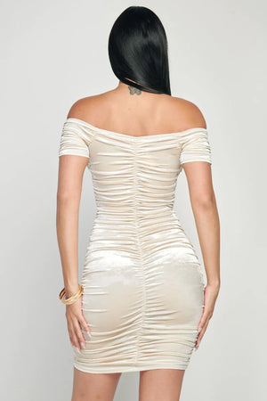 LUX SHINY VELVET OFF SHOULDER HOOKED RUCHED BODYCON MINI DRESS