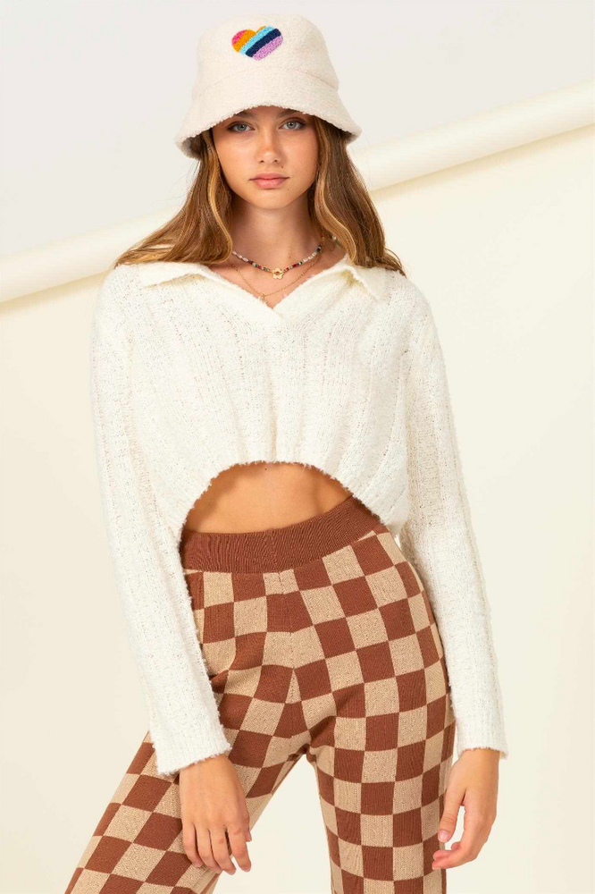 Cream Polo Knit Crop Sweater