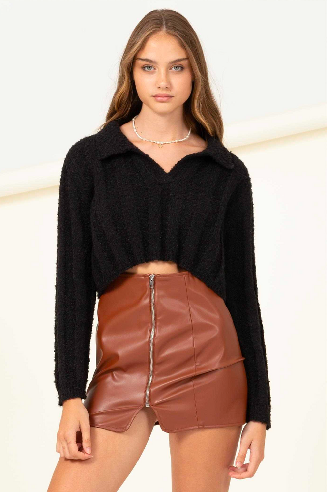 
            
                Load image into Gallery viewer, Black Polo Knit Crop Sweater
            
        